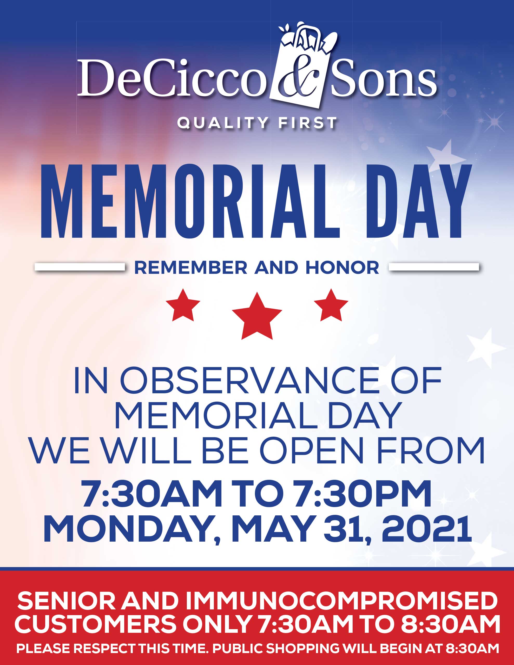 Memorial Day Westchester Hours - open from 7:30am to 7:30pm
