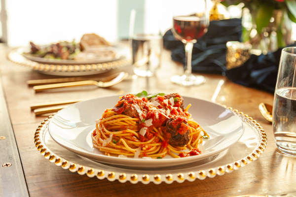 Plate of spaghetti and meatballs made by DeCicco & Sons