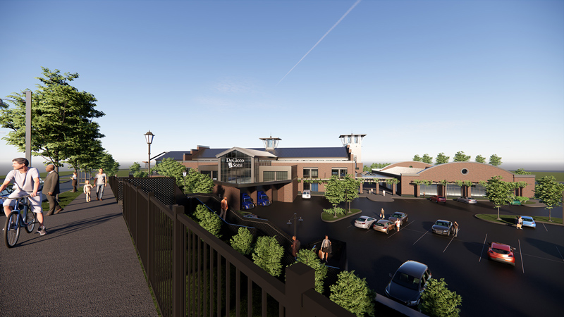 3D rendering - Back view of the new location from the elevated walking path.